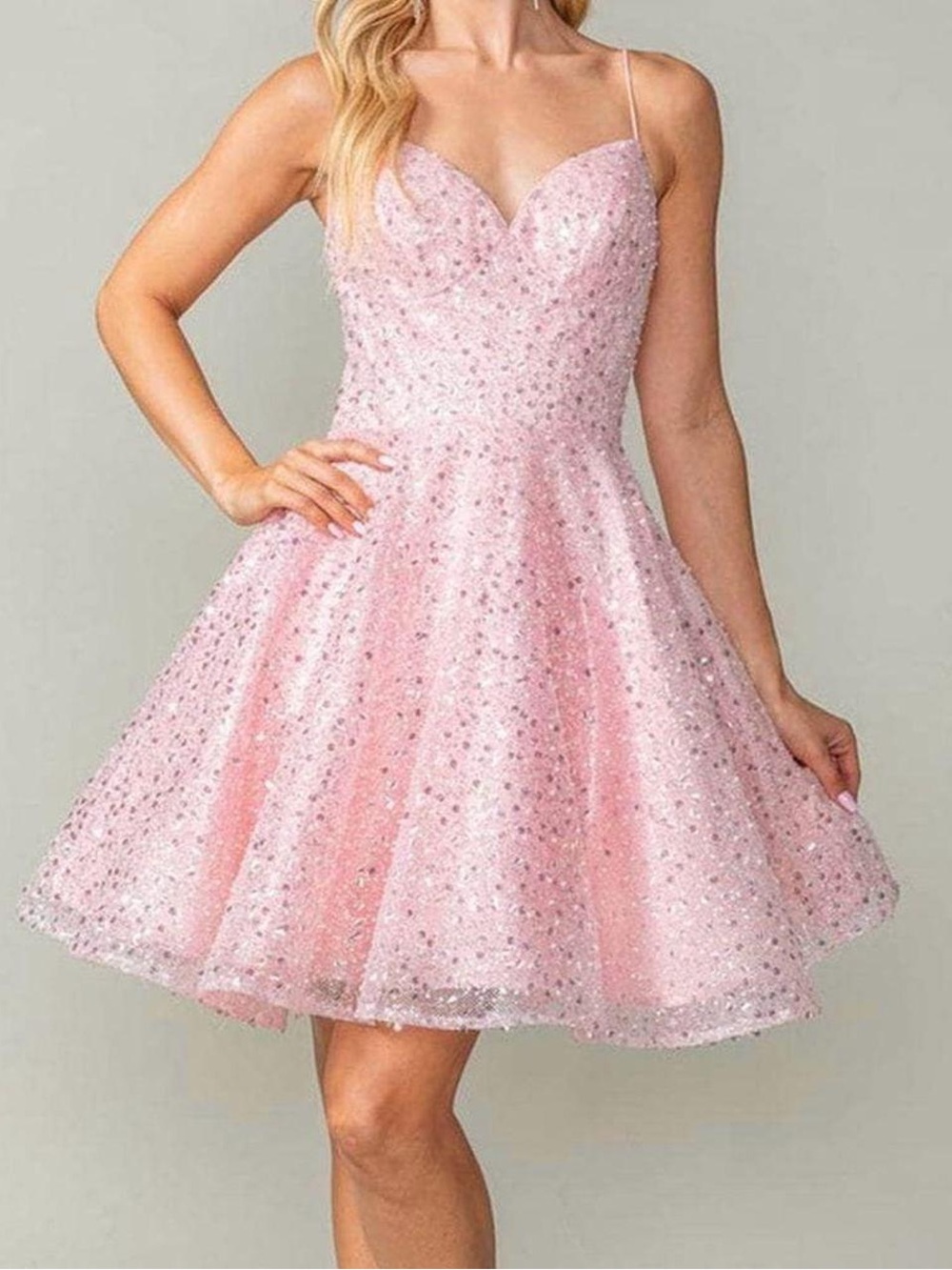 Dancing Queen Sparkling Pink Sequin A-Line Spaghetti-Strap Hoco/Prom Dress